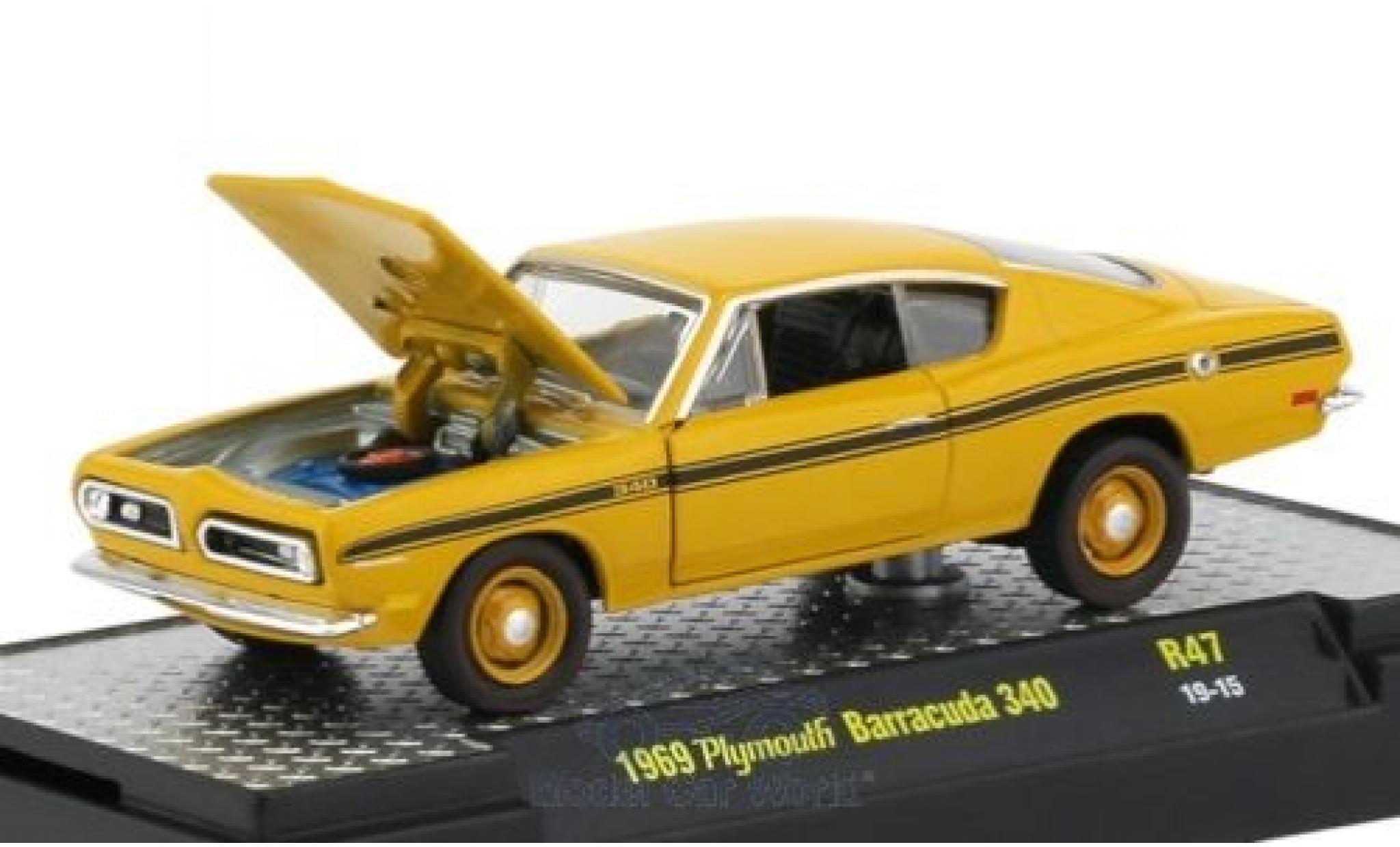 Diecast model cars Plymouth Barracuda 1/64 M2 Machines 340 yellow/Dekor  1969 